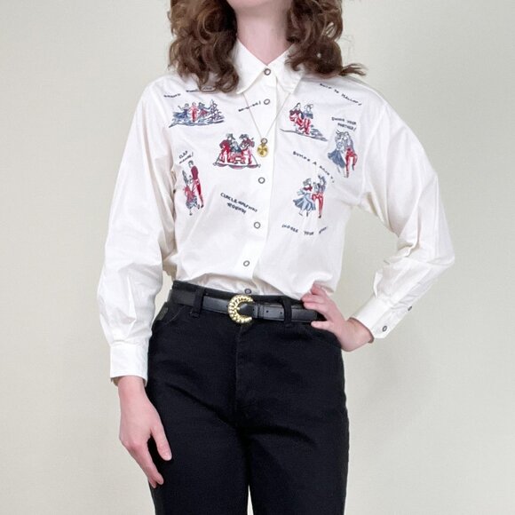 Vintage Embroidered Square Dance Western Cowgirl Country Button Up Shirt Blouse - Picture 5 of 12